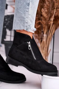 Boto Botki Zamszowe|Botki Płaskie*Damskie Botki Z Zamkiem Zamszowe Czarne Juno