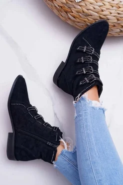 Boto Botki Zamszowe|Botki Płaskie*Damskie Botki Zamszowe Nity Klamry Czarne Berugio