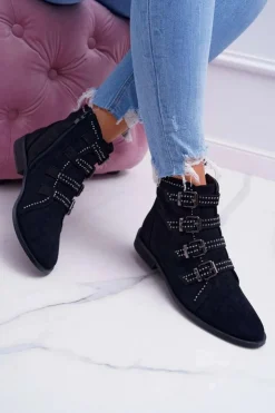 Boto Botki Zamszowe|Botki Płaskie*Damskie Botki Zamszowe Nity Klamry Czarne Berugio