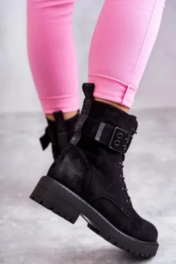 New Boto Damskie Botki Zamszowe Sznurowane Na Płaskim Obcasie Czarne Firmina