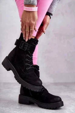 New Boto Damskie Botki Zamszowe Sznurowane Na Płaskim Obcasie Czarne Firmina