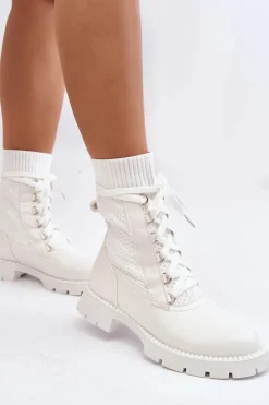 Damskie Boto Damskie Botki Ze Skarpetą Sznurowane Białe Gentiana