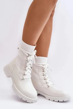 Damskie Boto Damskie Botki Ze Skarpetą Sznurowane Białe Gentiana