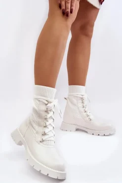 Damskie Boto Damskie Botki Ze Skarpetą Sznurowane Białe Gentiana