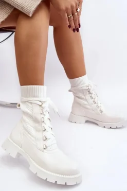 Damskie Boto Damskie Botki Ze Skarpetą Sznurowane Białe Gentiana