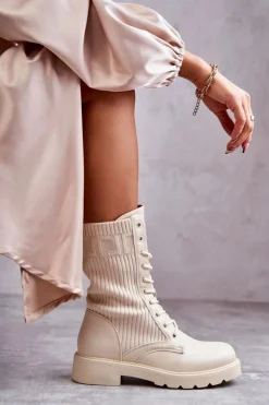 Damskie Boto Damskie Botki Ze Skarpetą Na Płaskim Obcasie Beżowe Liam