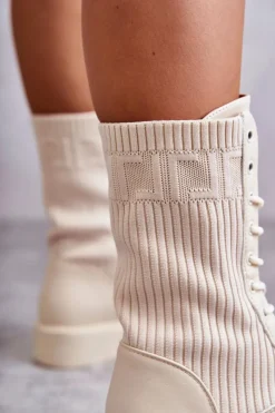 Damskie Boto Damskie Botki Ze Skarpetą Na Płaskim Obcasie Beżowe Liam