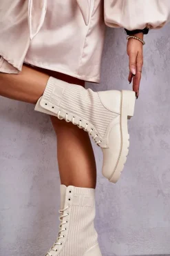 Damskie Boto Damskie Botki Ze Skarpetą Na Płaskim Obcasie Beżowe Liam