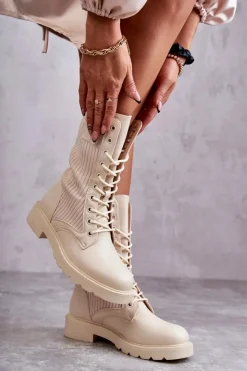 Damskie Boto Damskie Botki Ze Skarpetą Na Płaskim Obcasie Beżowe Liam