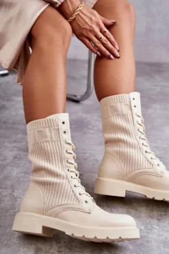 Damskie Boto Damskie Botki Ze Skarpetą Na Płaskim Obcasie Beżowe Liam