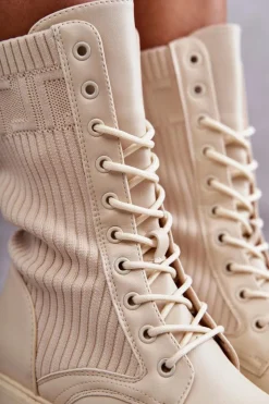 Damskie Boto Damskie Botki Ze Skarpetą Na Płaskim Obcasie Beżowe Liam