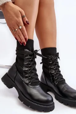 Best Boto Damskie Botki Ze Skarpetą Sznurowane Czarne Gentiana Czarny