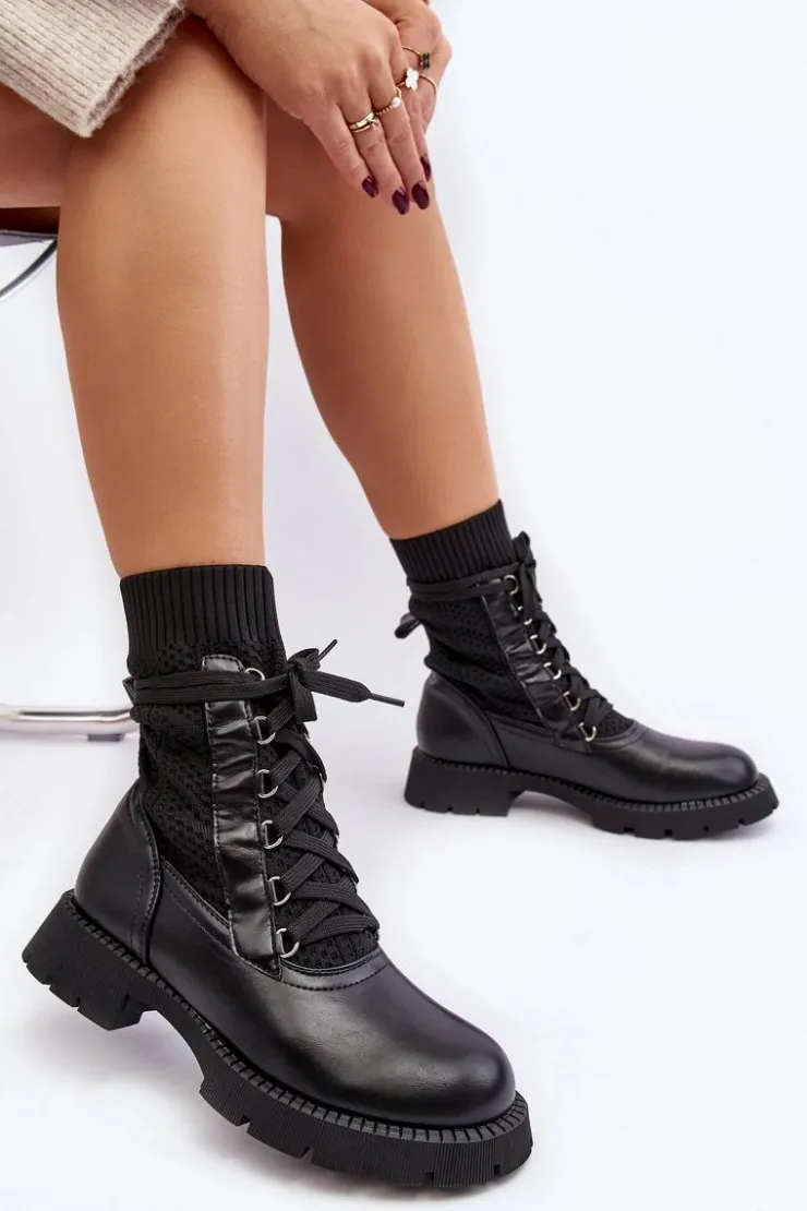 Best Boto Damskie Botki Ze Skarpetą Sznurowane Czarne Gentiana Czarny