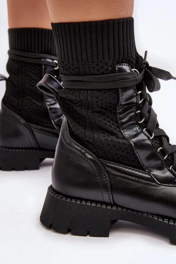 Best Boto Damskie Botki Ze Skarpetą Sznurowane Czarne Gentiana Czarny