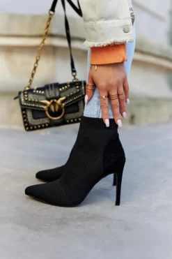 New Damskie buty S.Barski Damskie Botki Ze Skarpetą Na Szpilce Czarne Last Night