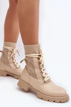 Online Boto Damskie Botki Ze Skarpetą Sznurowane Jasnobeżowe Gentiana Beżowy