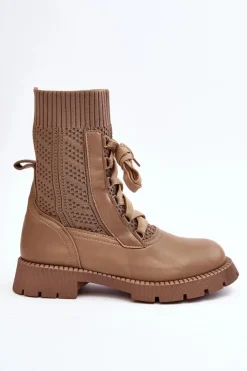 Boto Botki Wiosenne|Botki Sznurowane*Damskie Botki Ze Skarpetą Sznurowane Brązowe Gentiana Brązowy