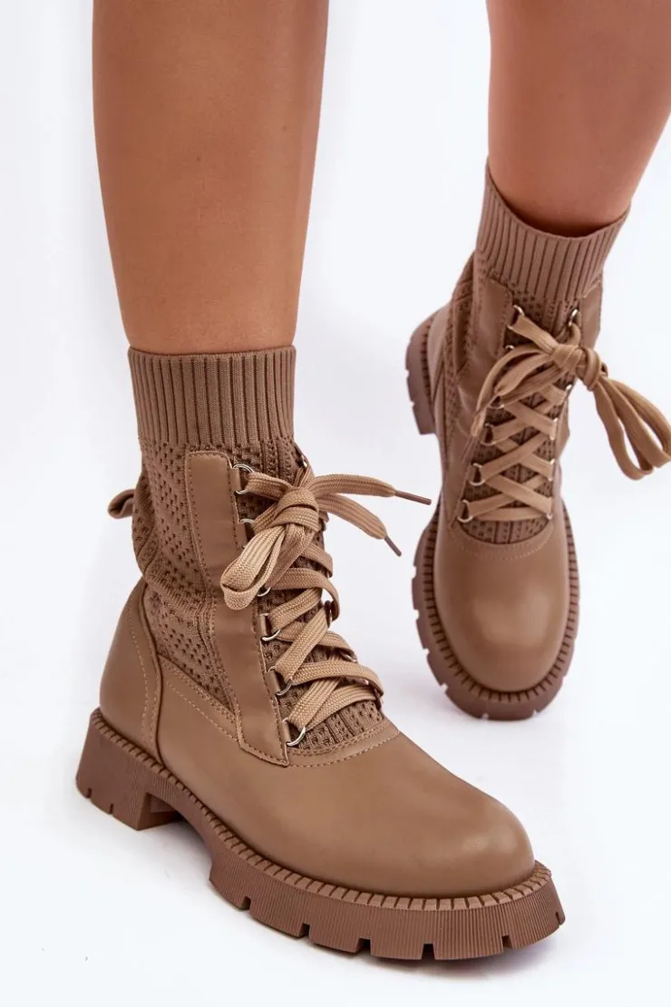 Boto Botki Wiosenne|Botki Sznurowane*Damskie Botki Ze Skarpetą Sznurowane Brązowe Gentiana Brązowy