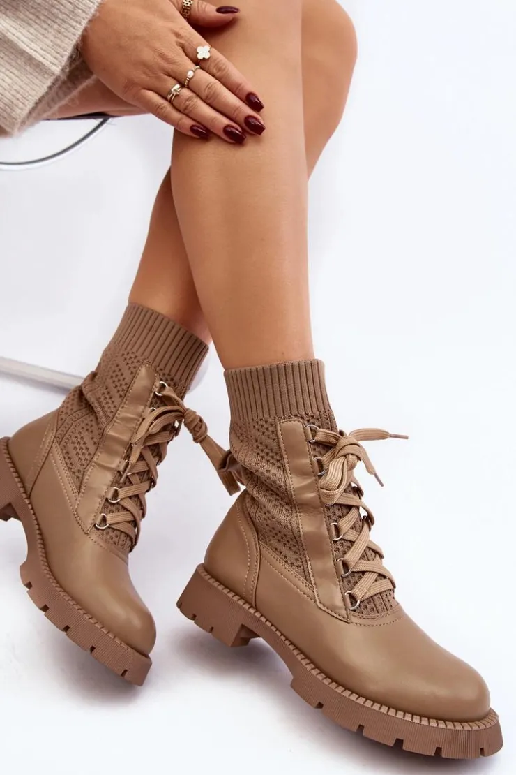 Boto Botki Wiosenne|Botki Sznurowane*Damskie Botki Ze Skarpetą Sznurowane Brązowe Gentiana Brązowy