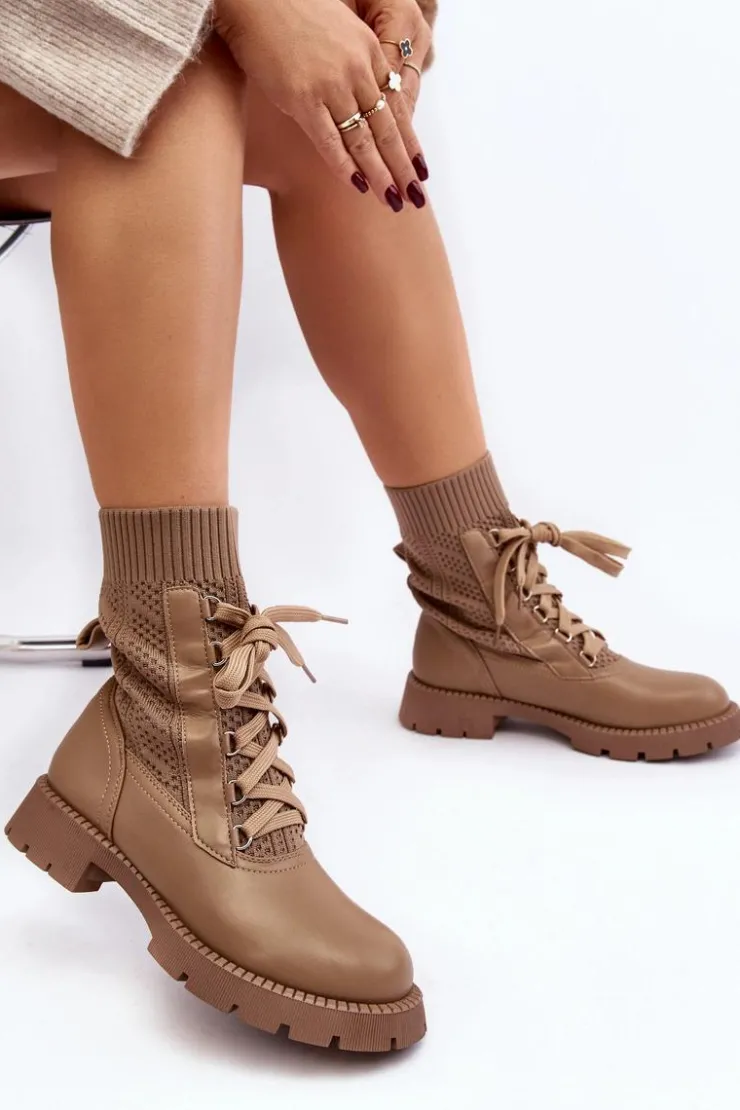 Boto Botki Wiosenne|Botki Sznurowane*Damskie Botki Ze Skarpetą Sznurowane Brązowe Gentiana Brązowy