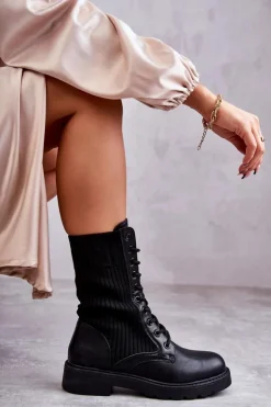 Damskie Boto Damskie Botki Ze Skarpetą Na Płaskim Obcasie Czarne Liam