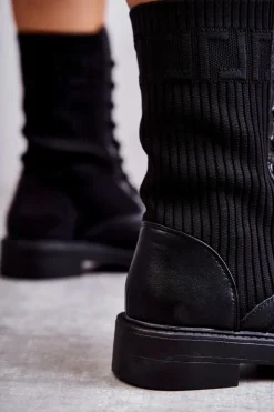 Damskie Boto Damskie Botki Ze Skarpetą Na Płaskim Obcasie Czarne Liam