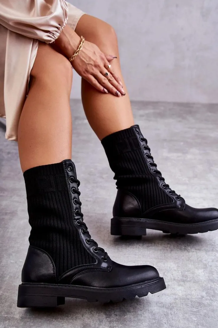 Damskie Boto Damskie Botki Ze Skarpetą Na Płaskim Obcasie Czarne Liam