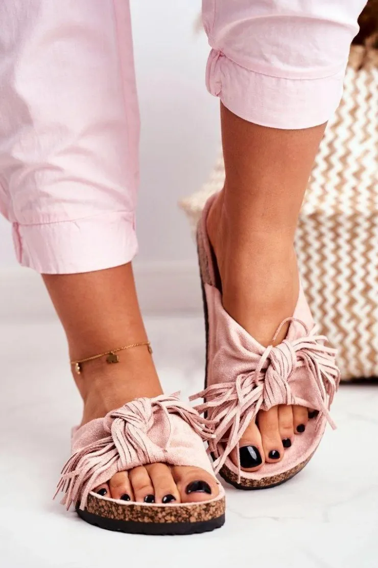 Boto Klapki Korkowe|Klapki Damskie Klasyczne*Damskie Brudny Róż Klapki Na Korku Frędzle Marina