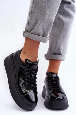 New Boto Damskie Buty Sportowe Lakierowane na Platformie Czarne Lemar 10150