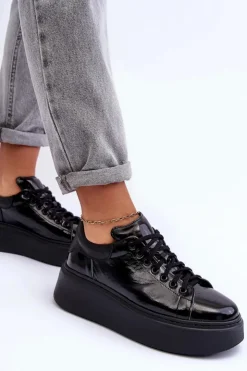 New Boto Damskie Buty Sportowe Lakierowane na Platformie Czarne Lemar 10150