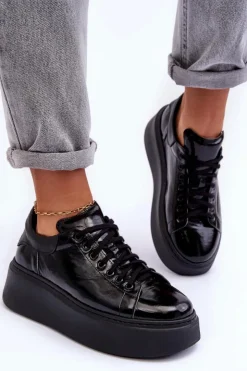 New Boto Damskie Buty Sportowe Lakierowane na Platformie Czarne Lemar 10150
