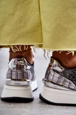 Hot GOE Damskie Buty Sportowe Na Koturnie KK2N4083 Srebrne Srebrny