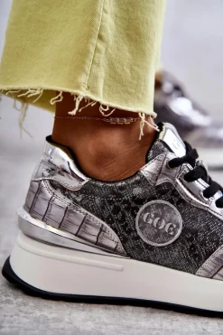 Hot GOE Damskie Buty Sportowe Na Koturnie KK2N4083 Srebrne Srebrny