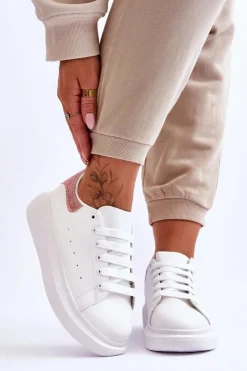 New Boto Damskie Buty Sportowe Na Platformie Brokatowe Biało-Różowe Eliso