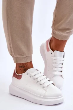 New Boto Damskie Buty Sportowe Na Platformie Brokatowe Biało-Różowe Eliso