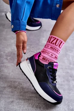 GOE Sneakersy Damskie*Damskie Buty Sportowe Na Koturnie KK2N4081 Czarno-Granatowe