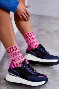 GOE Sneakersy Damskie*Damskie Buty Sportowe Na Koturnie KK2N4081 Czarno-Granatowe