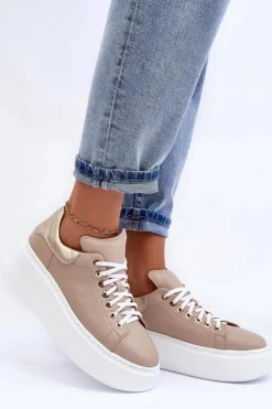Online Boto Damskie Buty Sportowe Skórzane na Platformie Beżowe Lemar 10150 Beżowy