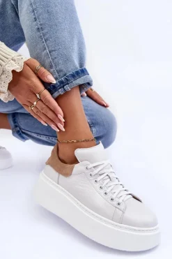 Boto Damskie Buty Sportowe Skórzane na Platformie Białe Lemar 10150 Biały
