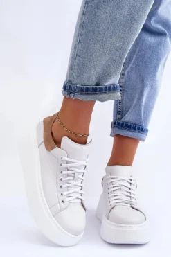 Boto Damskie Buty Sportowe Skórzane na Platformie Białe Lemar 10150 Biały