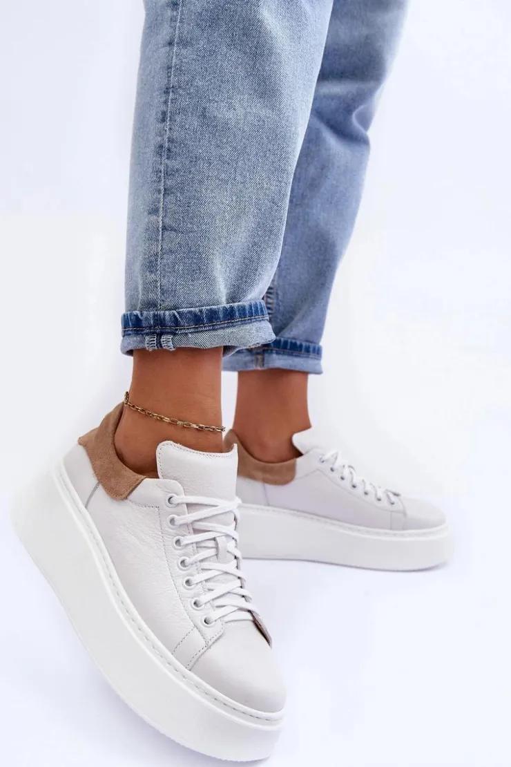 Boto Damskie Buty Sportowe Skórzane na Platformie Białe Lemar 10150 Biały