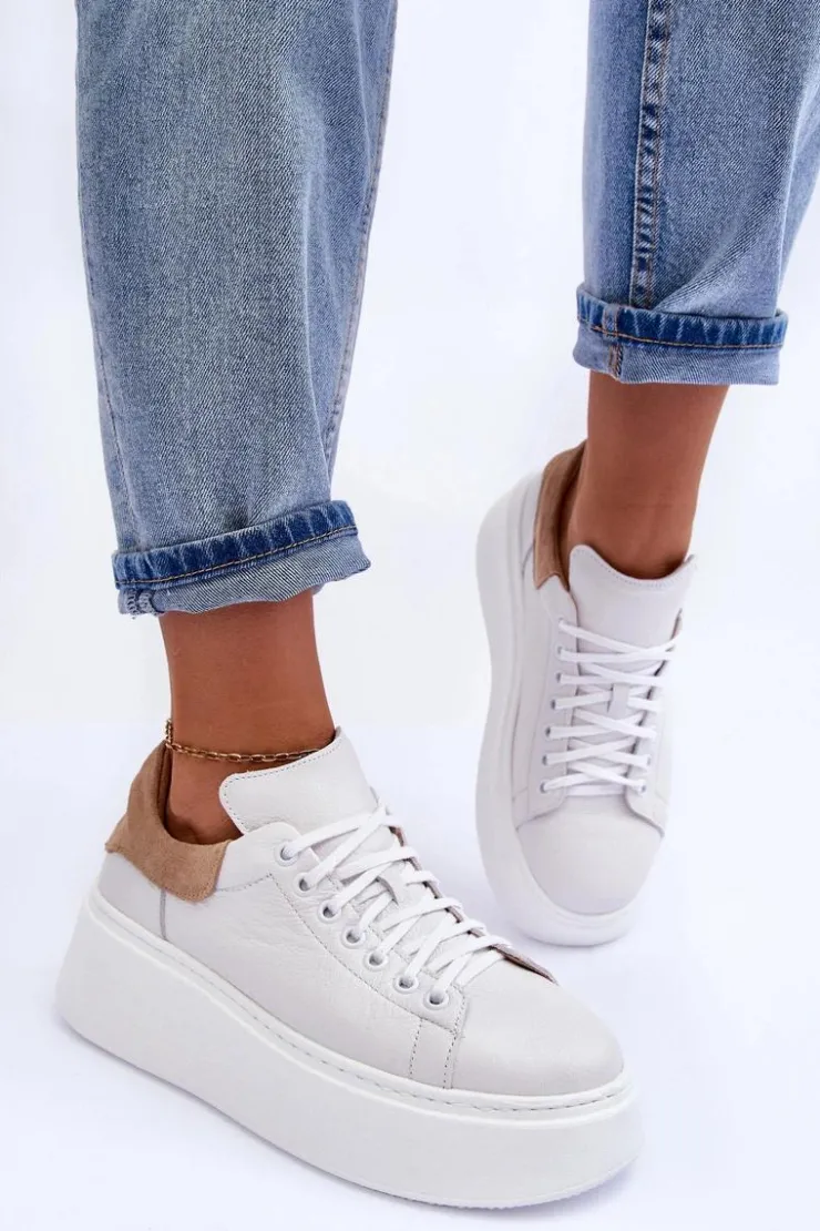 Boto Damskie Buty Sportowe Skórzane na Platformie Białe Lemar 10150 Biały