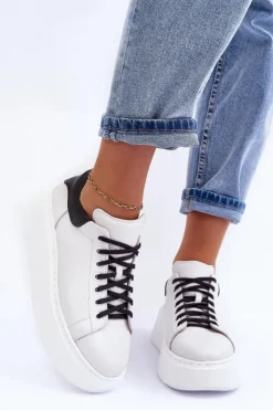 Damskie Boto Damskie Buty Sportowe Skórzane na Platformie Biało-Czarne Lemar 10150