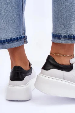 Damskie Boto Damskie Buty Sportowe Skórzane na Platformie Biało-Czarne Lemar 10150