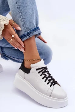 Damskie Boto Damskie Buty Sportowe Skórzane na Platformie Biało-Czarne Lemar 10150