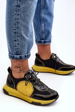 Maciejka Damskie Buty Sportowe Skórzane 06295-01 Czarno-Żółte Czarny
