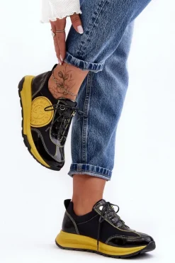 Maciejka Damskie Buty Sportowe Skórzane 06295-01 Czarno-Żółte Czarny