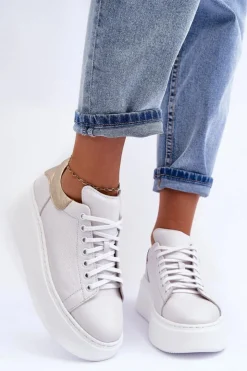 Damskie Boto Damskie Buty Sportowe Skórzane na Platformie Białe Lemar 10150 - Złota Wstawka