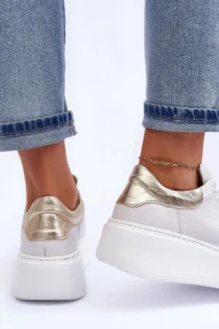 Damskie Boto Damskie Buty Sportowe Skórzane na Platformie Białe Lemar 10150 - Złota Wstawka
