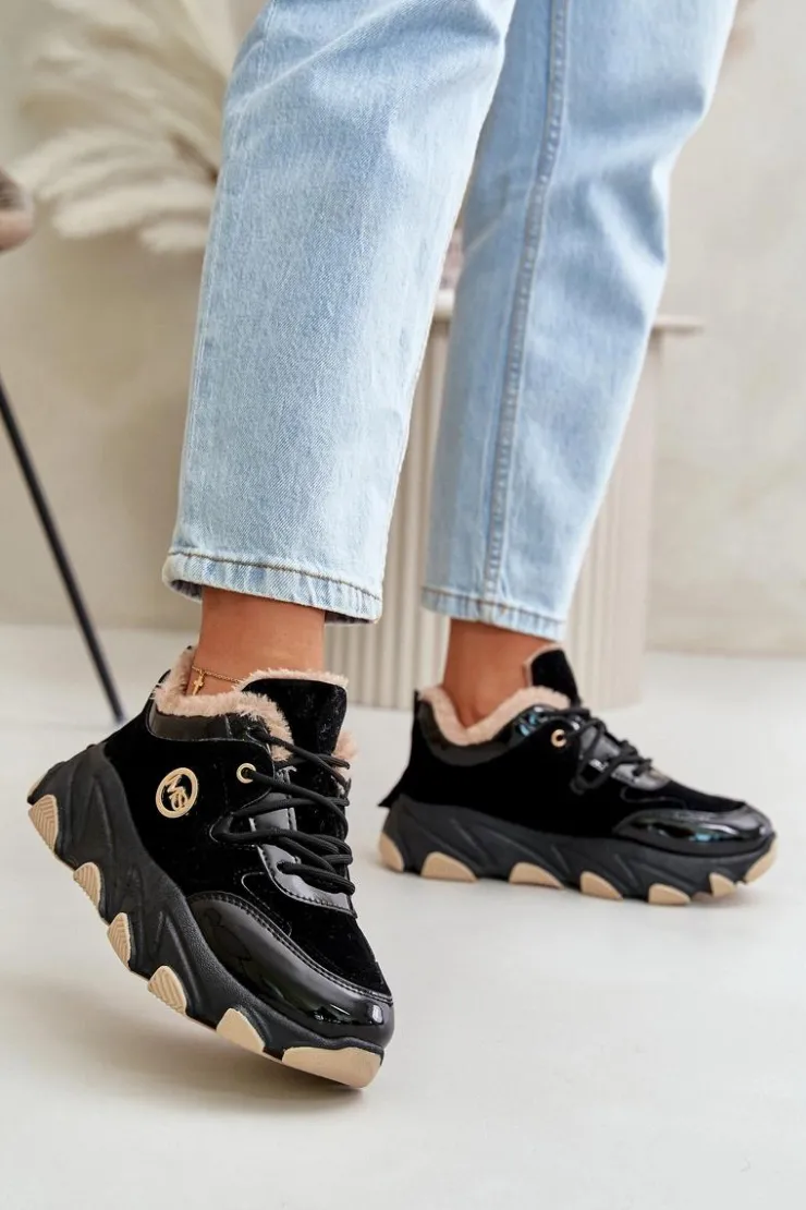 Boto Sneakersy Damskie|Botki Sznurowane*Damskie Buty Sportowe Sznurowane Ocieplane Na Platformie Czarne Verioras